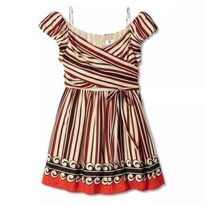 Anna Sui Striped Silk Mini Dress Off the Shoulder Red Black Stripe Size …